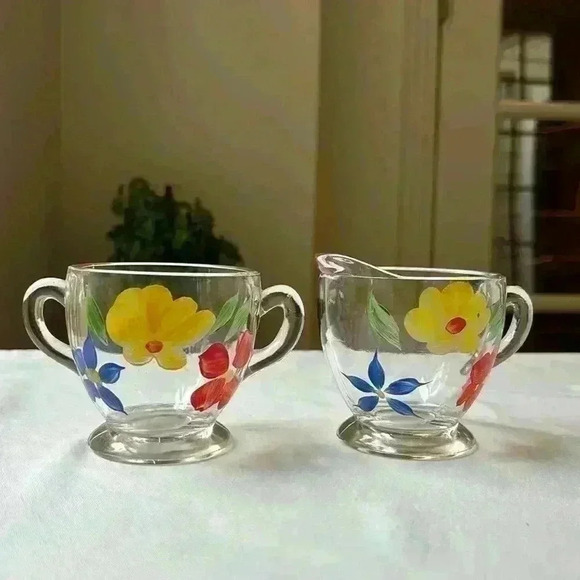 Bartlett Sugar & Creamer Set Hand Painted 1950's Clear Glass W/ Painted Flowers - Picture 10 of 10